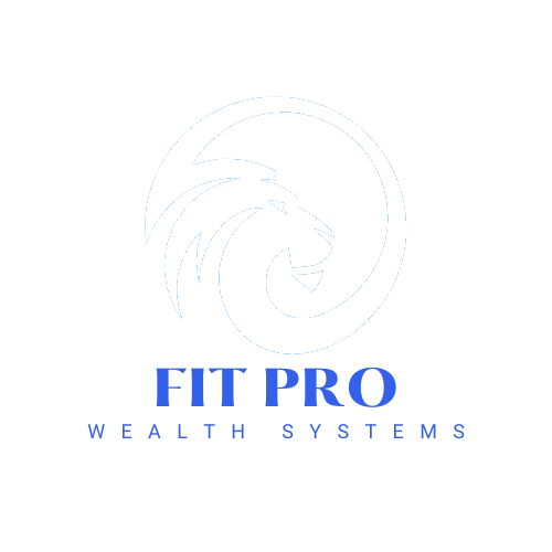 Logo with a stylized lion head in a circle above the text "FIT PRO WEALTH SYSTEMS" in blue on a black background.