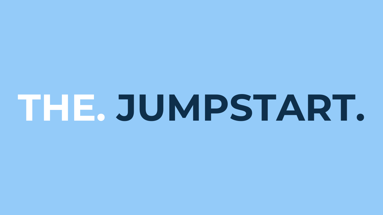 Text on a light blue background reads "THE. JUMPSTART." in bold letters.