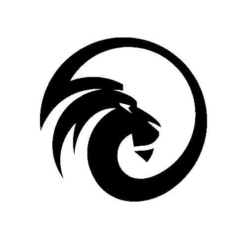 Circular logo featuring a stylized lion's head in profile, outlined in blue on a black background.