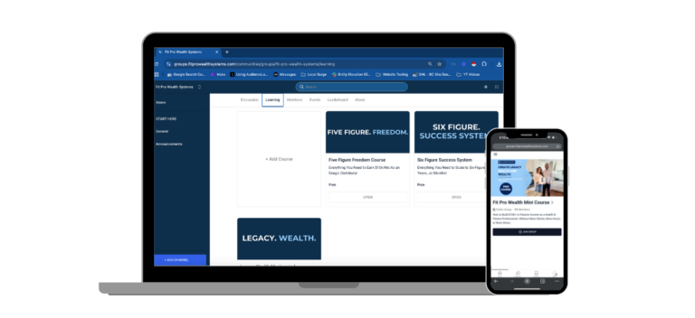 Laptop and smartphone displaying a website with course listings titled "Five Figure Freedom" and "Six Figure Success System" on the laptop.